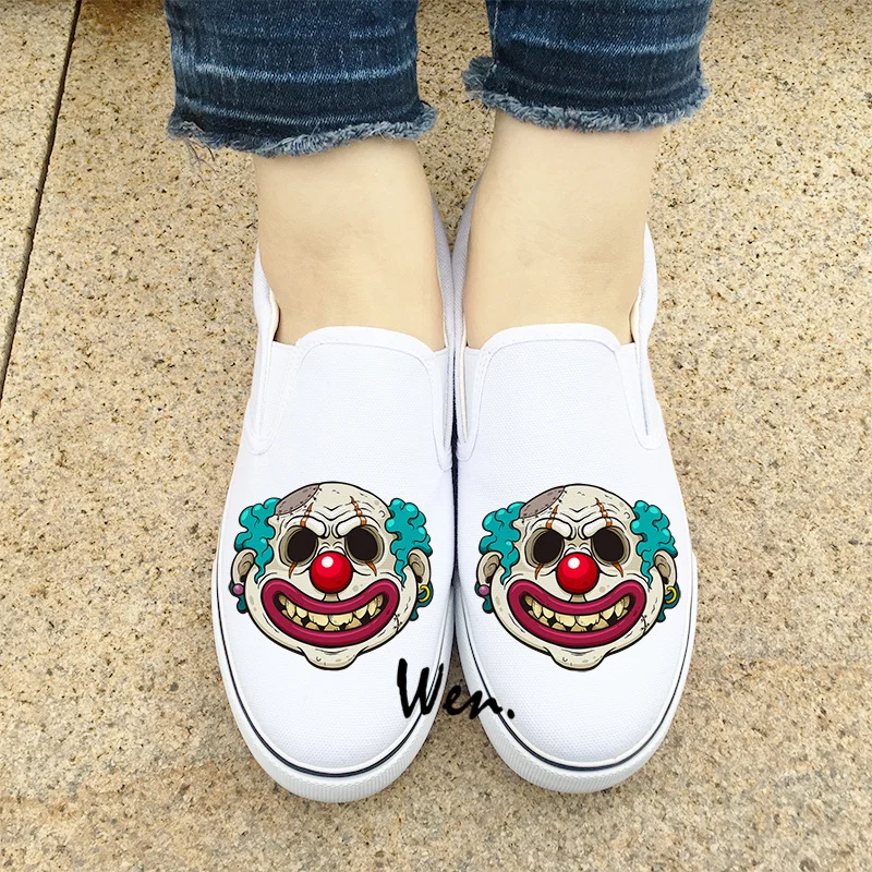 Wen Original Design White Slip on Shoes Women Flats Creepy Clown Scar