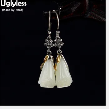 

Uglyless 100% Real 925 Sterling Silver Flower Fine Jewelry for Women Nature Jade Magnolia Earrings Ethnic Thai Silver Fine Jewel
