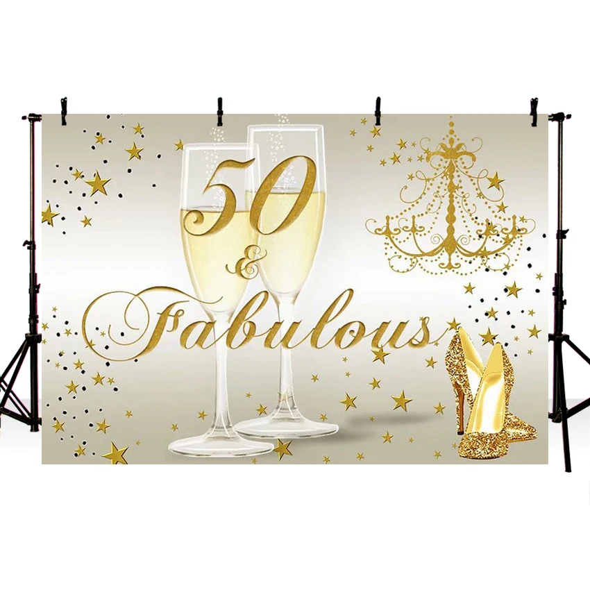 

Custom 50th Birthday Party Backdrop for Photography Ivory Photo Booth Background Champagne and Giltter Heels Photo Backdrop