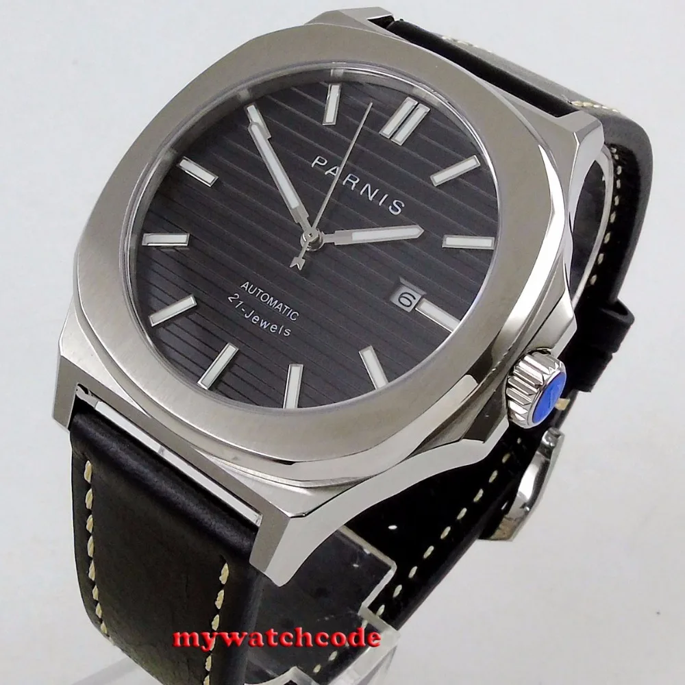 

44MM Parnis Black Dial Date Window luminous Miyota 821A Automatic Movement Mens Watch Leather Band