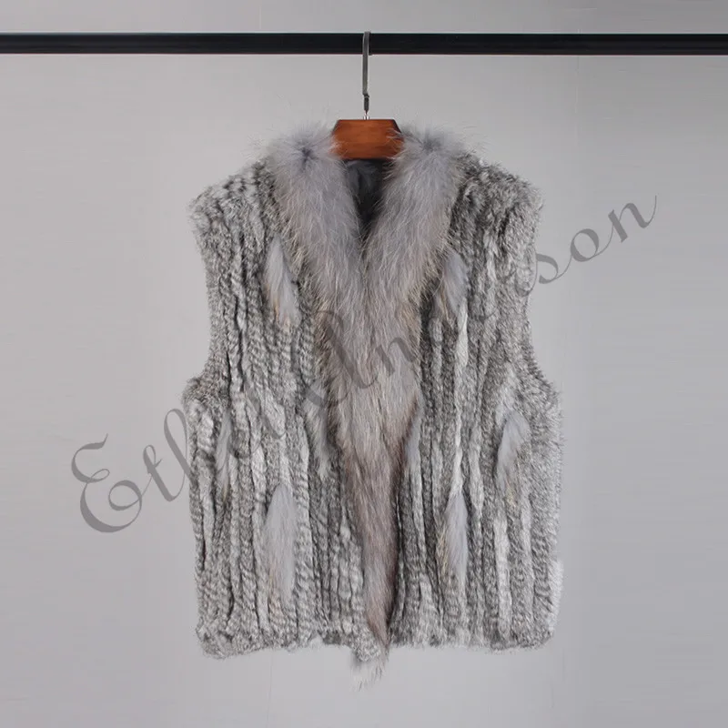 

ETHEL ANDERSON Real Knitted Vest Sales Champion Women's Real Rabbit Fur Warm Gilet/Tops With Raccoon Fur Trim Furry Collar