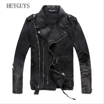 

NAGRI Men's zippers black denim jean biker jacket for motorcycle Vintage epaulet holes ripped distressed coat M L XL 2XL 3XL