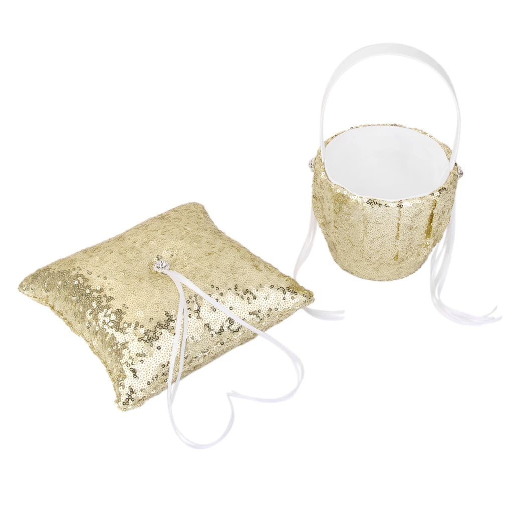 Gold Sequins Satin Wedding Flower Girl Basket and Ring Pillow Set Flower Girl Basket for Wedding Ceremony Party Decoration Gold Sequins Satin Wedding Flower Girl Basket and Ring Pillow Set Flower Girl Basket for Wedding Ceremony Party Decoration