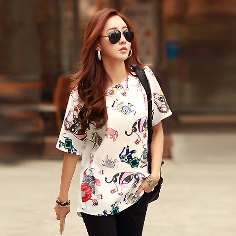 New summer Korean style the loose casual printing T-shirt female short-sleeved plus size chiffon shirt 2019
New summer Korean style the loose casual printing T-shirt female short-sleeved plus size chiffon shirt 2019