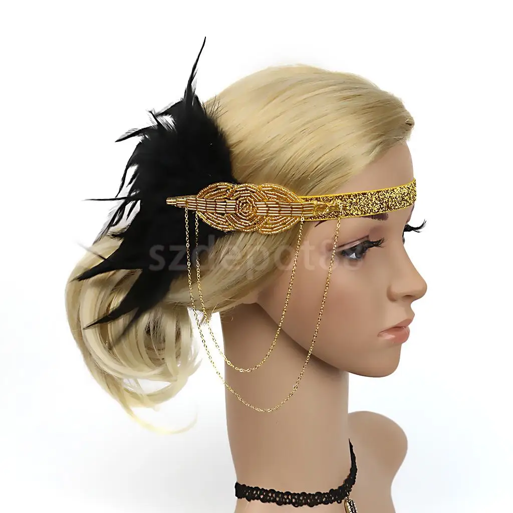 Vintage Feather Tassel Chain Plastic Beads Flapper Fascinator Headband 1920s Charleston Headpiece Women Ascot Race Headwear