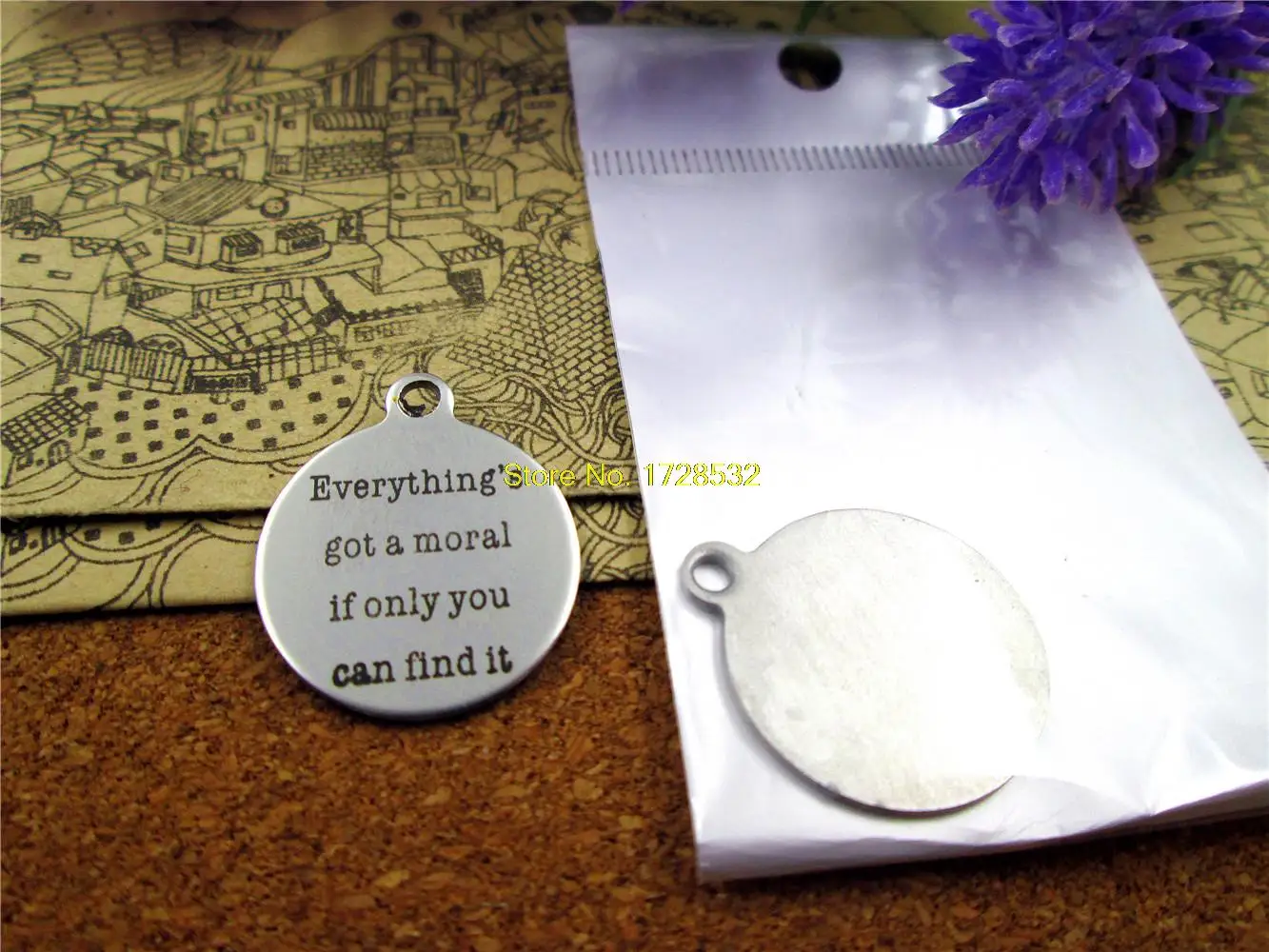 

20pcs--20mm stainless steel circle round "everything's got a moral if only you can find it"one side DIY Charms Pendants