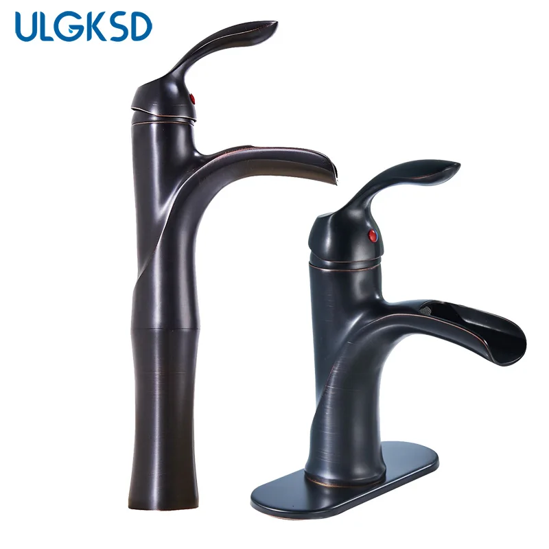 ULGKSD Basin Faucet Black Brass Single Handle Vanity Sink Faucets Hot Cold Mixer Tap Bathroom Counter-top Waterfall Taps | Обустройство