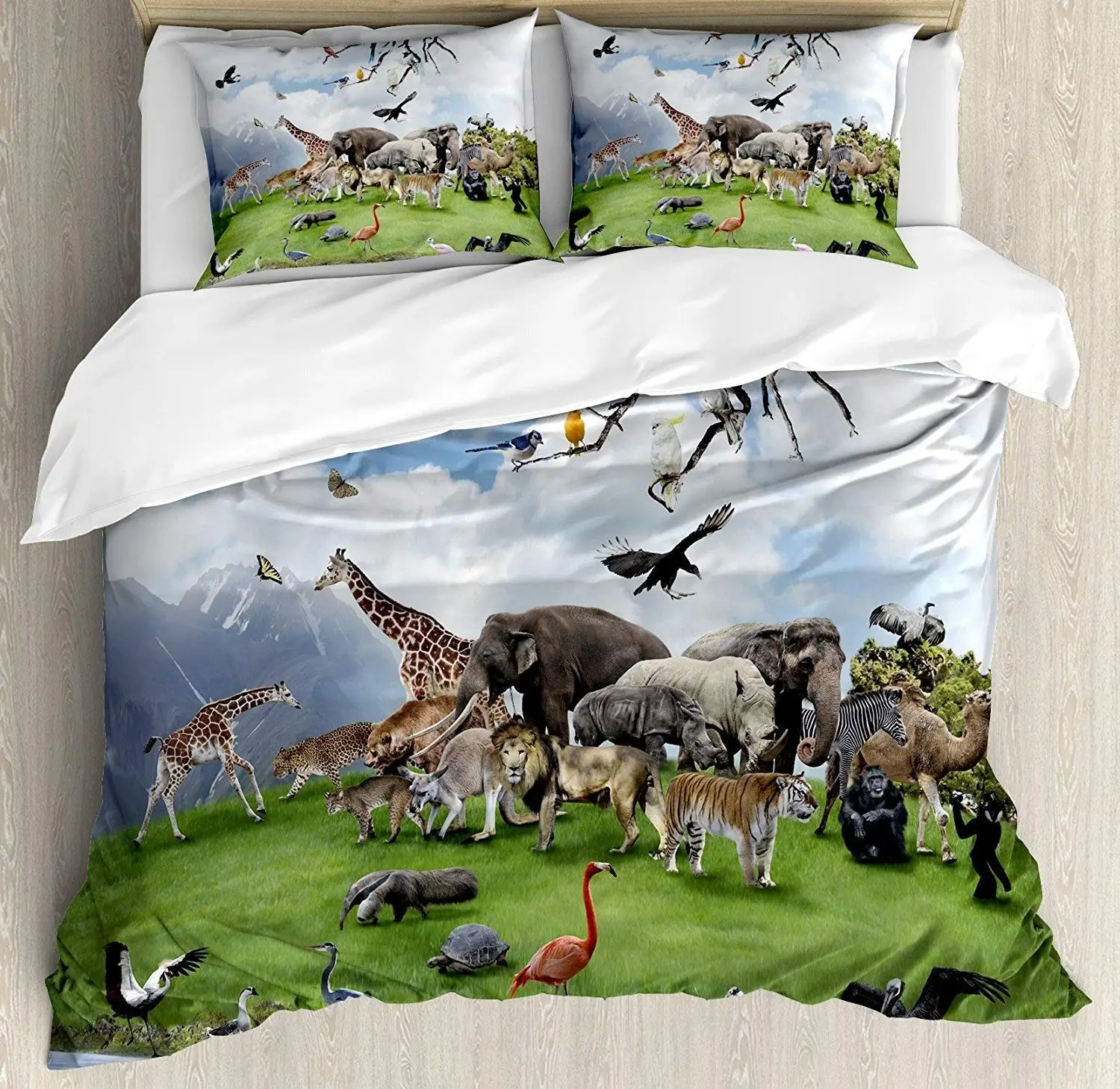 Africa Duvet Cover Set Tropic Animal Collage in The Valley with Lion Parrot Swans Elephants and Flamingos 3pcs Bedding Set
Africa Duvet Cover Set Tropic Animal Collage in The Valley with Lion Parrot Swans Elephants and Flamingos 3pcs Bedding Set