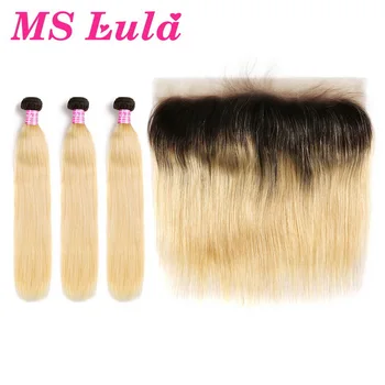 

MS Lula Brazilian 1b/613 Straight Ombre Blonde Dark Roots 3 Bundles PCS With 13x4 Lace Frontal 100% Human Remy Hair Extensions