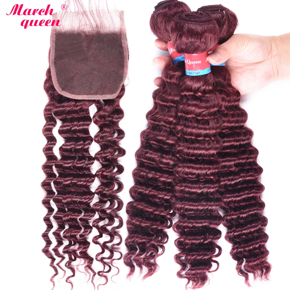 March Queen Human Hair Bundles With Closure #99J Red Wine Indian Deep Wave Hair With Lace Closure 3 PCS Curly Hair With Closure
March Queen Human Hair Bundles With Closure #99J Red Wine Indian Deep Wave Hair With Lace Closure 3 PCS Curly Hair With Closure