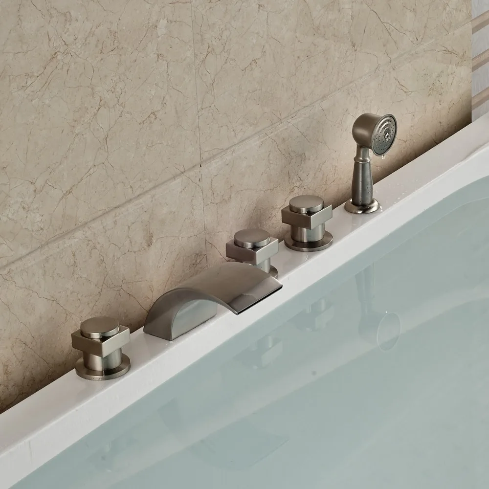 Deck Mounted 5PCS Widespread Bathroom Tub Faucet With Hand Shower Nickel Brushed Finished