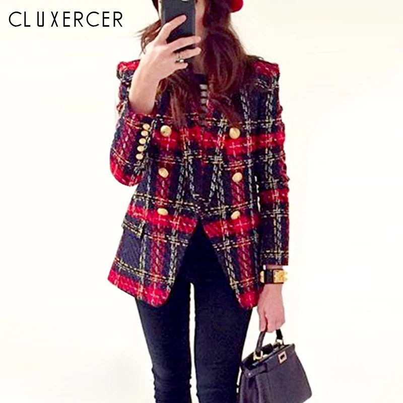 High Quality Women Elegant Red Plaid Tweed Blazer New Vintage