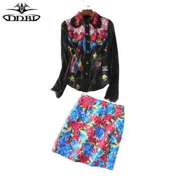 two piece set top skirt set colorful printed black lace top + floral short skirt two pieces clothing set 17509