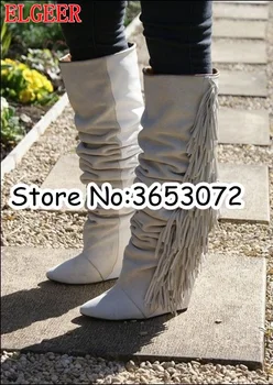 

Women Knee High Suede Fringe Boots Black White Wedged Tall Boots New Brand Fashion Women Motorcycle Tassel Boots Shoes Dropship