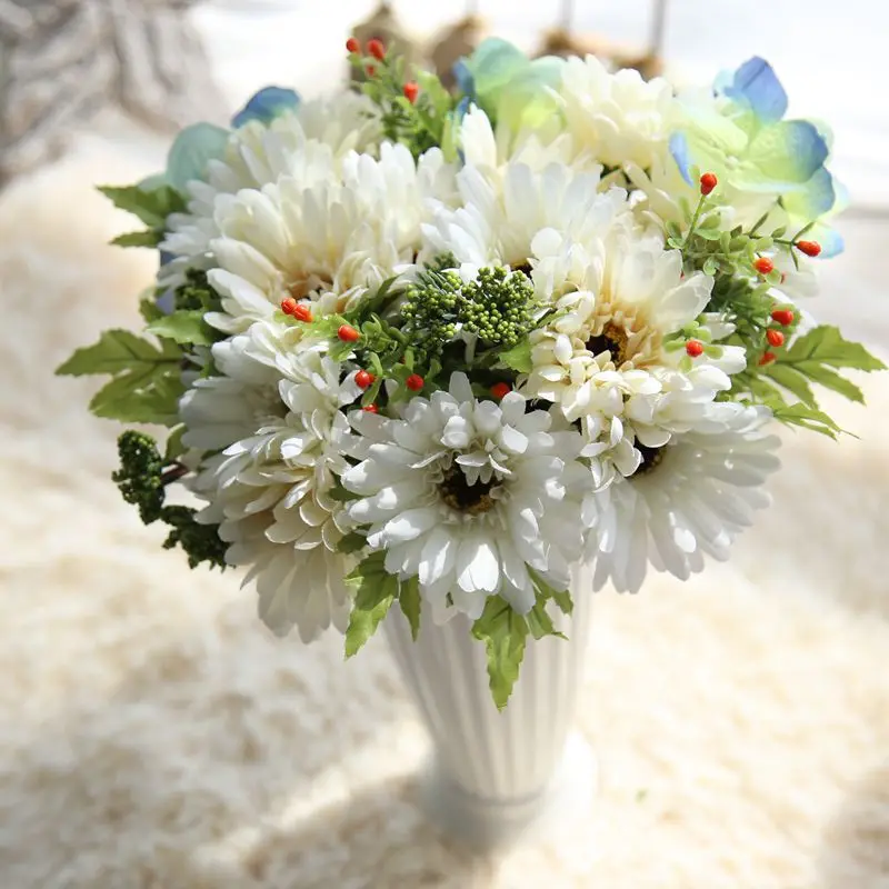 

7 Heads Artificial Silk Hydrangea Gerbera Bouquet Chrysanthemum Sun Flower Holding Flowers Home Wedding Party Decoration Daisy