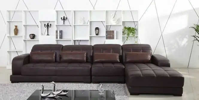 Image Classic Coffee Color Top Grain Leather Sofa, L shaped Sectional Sofa set 3.7M length House Furniture On Sale E308