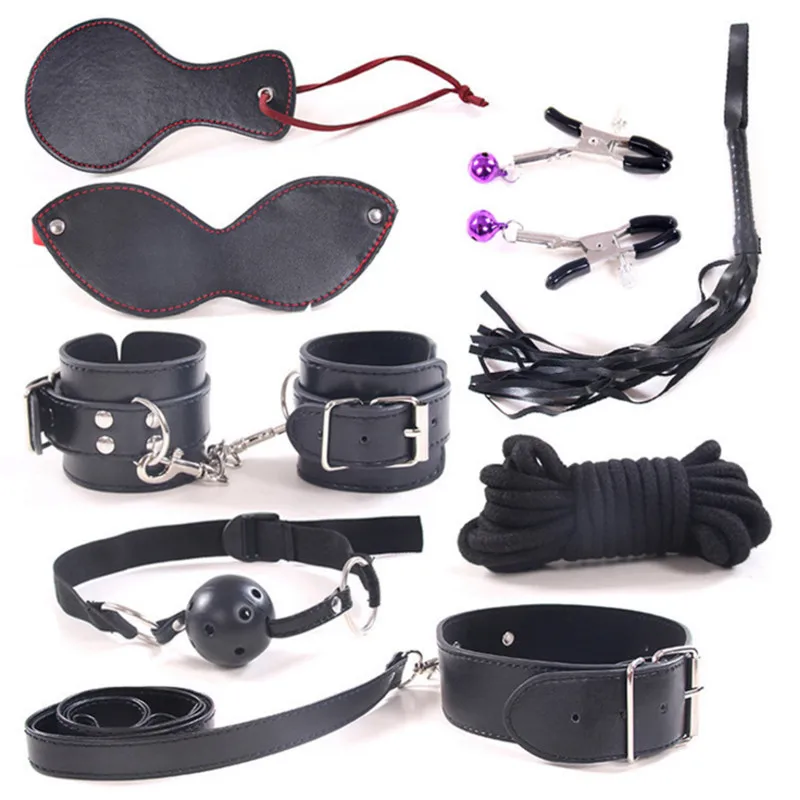 7/8 Pcs/set Sexy Lingerie BDSM Sex Bondage Set Hand Cuffs Footcuff Whip Rope Gag Blindfold Adult Erotic Sex Toys For Woman Couples