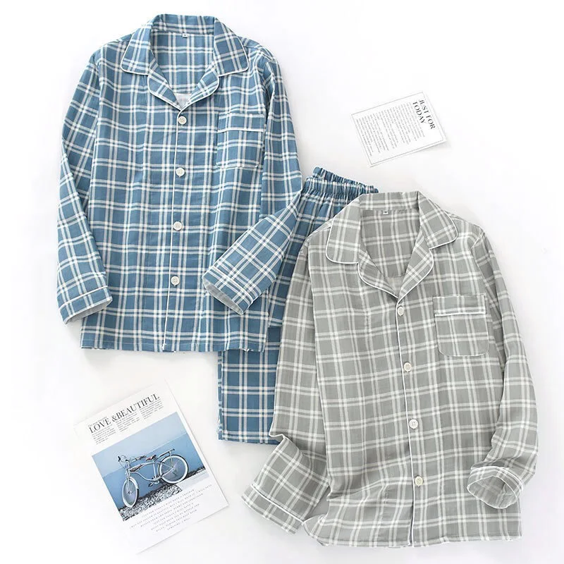 Men's Plaid Pajama Suit 100% Cotton Gauze Thin Casual Pijama Set Long Sleeves Long Trousers Mens Pyjama Autumn Men Sleepwear
Men's Plaid Pajama Suit 100% Cotton Gauze Thin Casual Pijama Set Long Sleeves Long Trousers Mens Pyjama Autumn Men Sleepwear