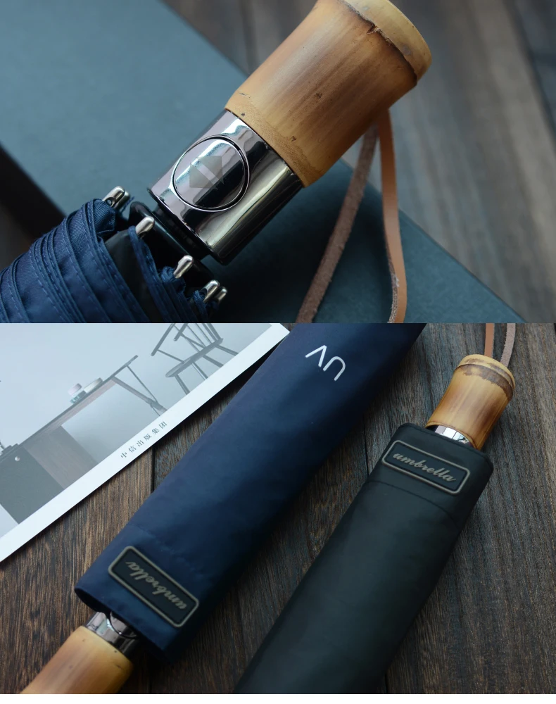 New Bamboo Automatic Three Folding Umbrella For Women Anti Uv Black Coating Sunny And Rainy Umbrella Rain Women Male Chinese (6)