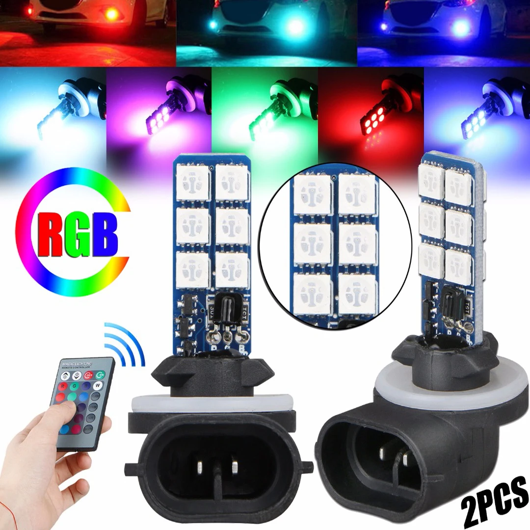 Mayitr 2pcs 12V 881 5050 RGB 12LED Car Headlight Fog Light Bulb High power Atmosphere Lamp+Remote Control Kit for Car Decoration