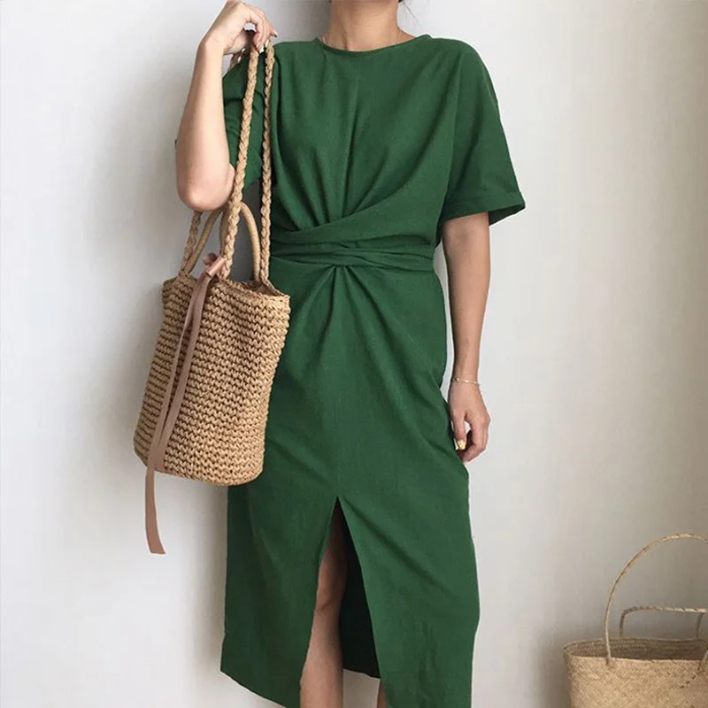 Korean Style Cross Tie Waist Dresses Casual Loose Short Sleeve Split Long Dress 2019 Summer Fashion Solid Elegant Lady Vestidos
Korean Style Cross Tie Waist Dresses Casual Loose Short Sleeve Split Long Dress 2019 Summer Fashion Solid Elegant Lady Vestidos