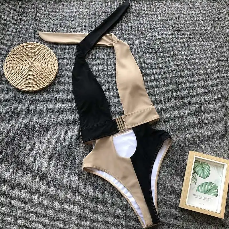 Sexy V-Neck Cut Out One Piece Swimsuit Women Swimwear Splicing Bandage Monokini Bathing Suits Bodysuit Beach Wear Swimming Suit | Спорт и