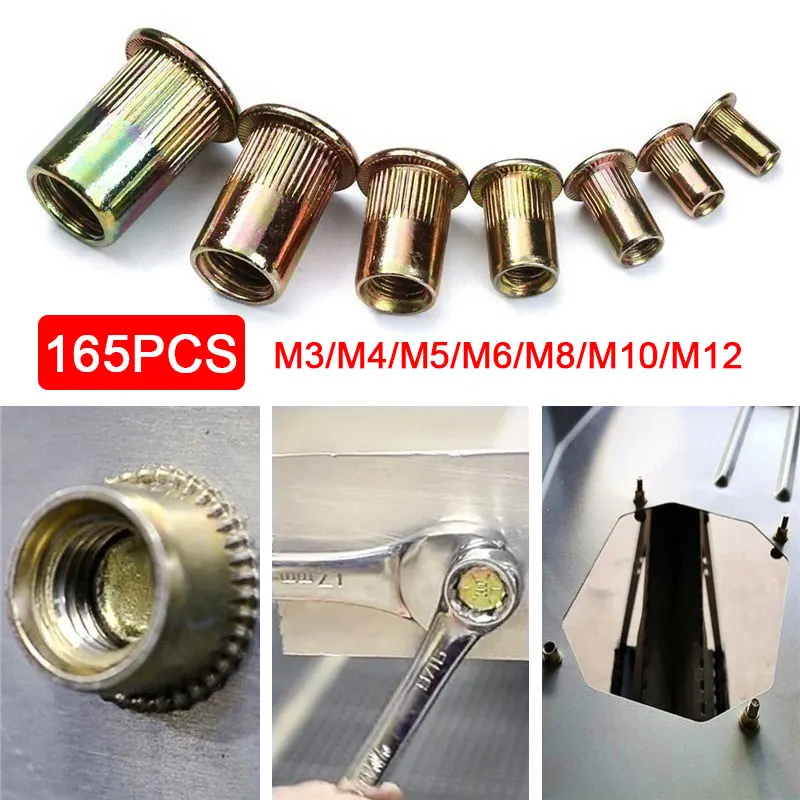 165pcs/set Rivet Nut Kit Mixed Carbon Steel Zinc Plated Rivet Nut Insert Threaded M3 M4 M5 M6 M8 M10 M12
165pcs/set Rivet Nut Kit Mixed Carbon Steel Zinc Plated Rivet Nut Insert Threaded M3 M4 M5 M6 M8 M10 M12