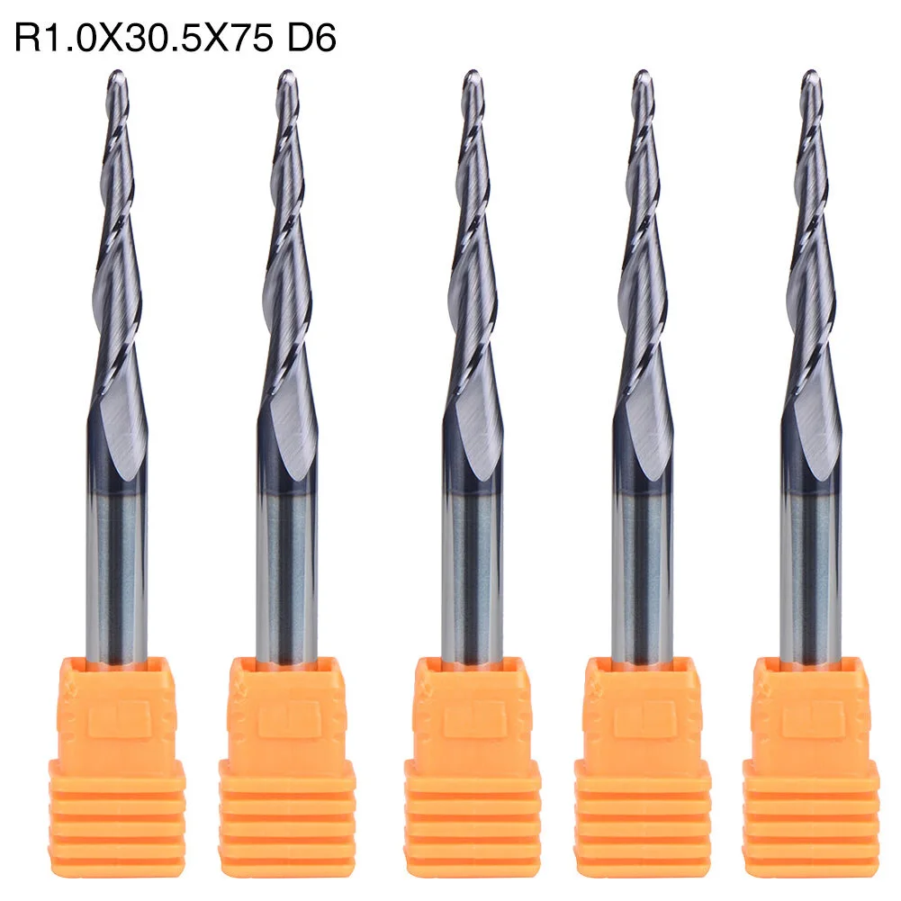5Pcs Carbide Tapered Ball Nose End Mill 1.0MM Radius 2 Flute 6MM Shank CNC Tool End Mills Parts
5Pcs Carbide Tapered Ball Nose End Mill 1.0MM Radius 2 Flute 6MM Shank CNC Tool End Mills Parts