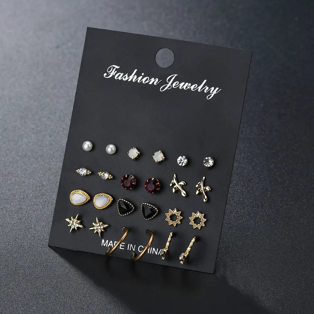 12Pair/Set Mix Design Crystal Star Leaves Stud Earrings For Women Vintage Small Imitation Pearl Earrings Set Jewelry Bijoux Gift
12Pair/Set Mix Design Crystal Star Leaves Stud Earrings For Women Vintage Small Imitation Pearl Earrings Set Jewelry Bijoux Gift