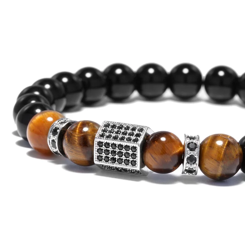 Bracelet à breloques pavé pour hommes, perles en pierre naturelle hexagonale CZ noires, bijoux 3