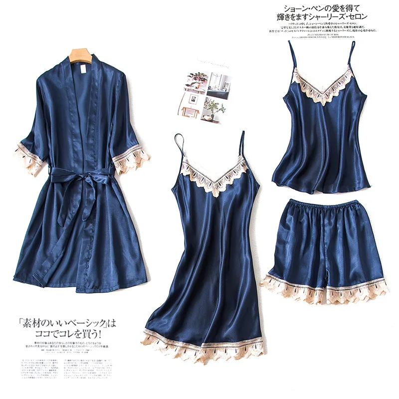 Satin Women Sleepwear Sexy V-Neck Spaghetti Strap+Shorts+Nighty+Robe Home Wear Casual Pajama Night dress Lace Kimono Bath Gown
Satin Women Sleepwear Sexy V-Neck Spaghetti Strap+Shorts+Nighty+Robe Home Wear Casual Pajama Night dress Lace Kimono Bath Gown