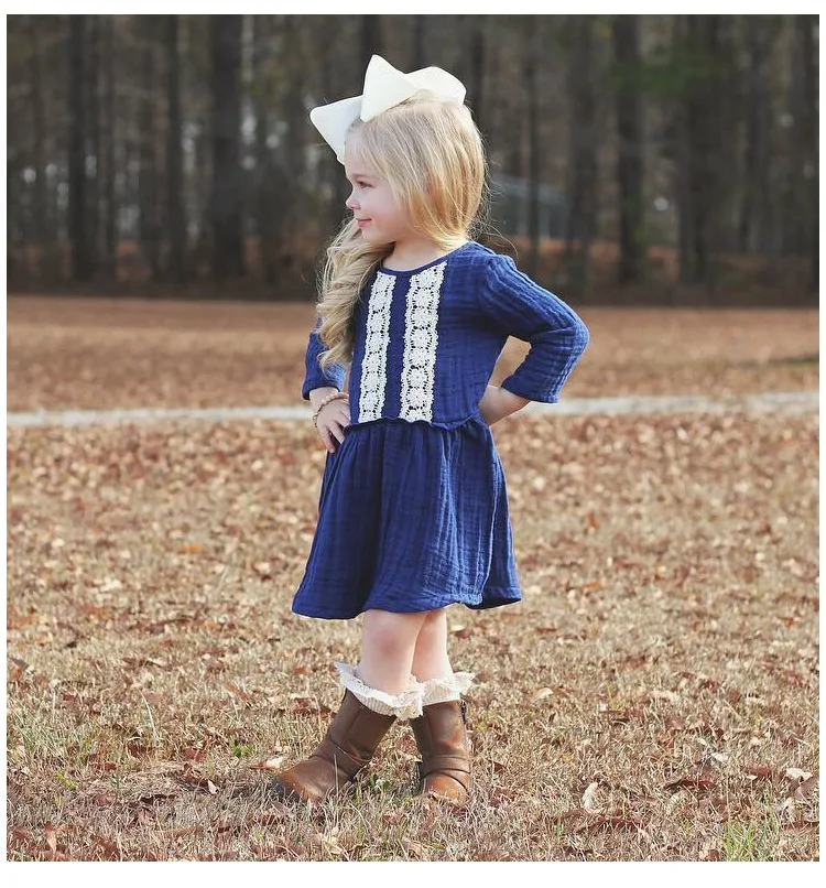Mother nest Lone Sleeves Baby Girl Lace Dress Dark Blue Linen Cute Newborn Clothes Dresses Children Simple Cotton 1st Birthday (5)