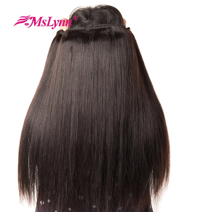altBrazilian Straight Hair Weave Bundles With Closure 4PCS Human Hair Bundles With Closure 4*4 Natural Color Mslynn Non Remy Hair
