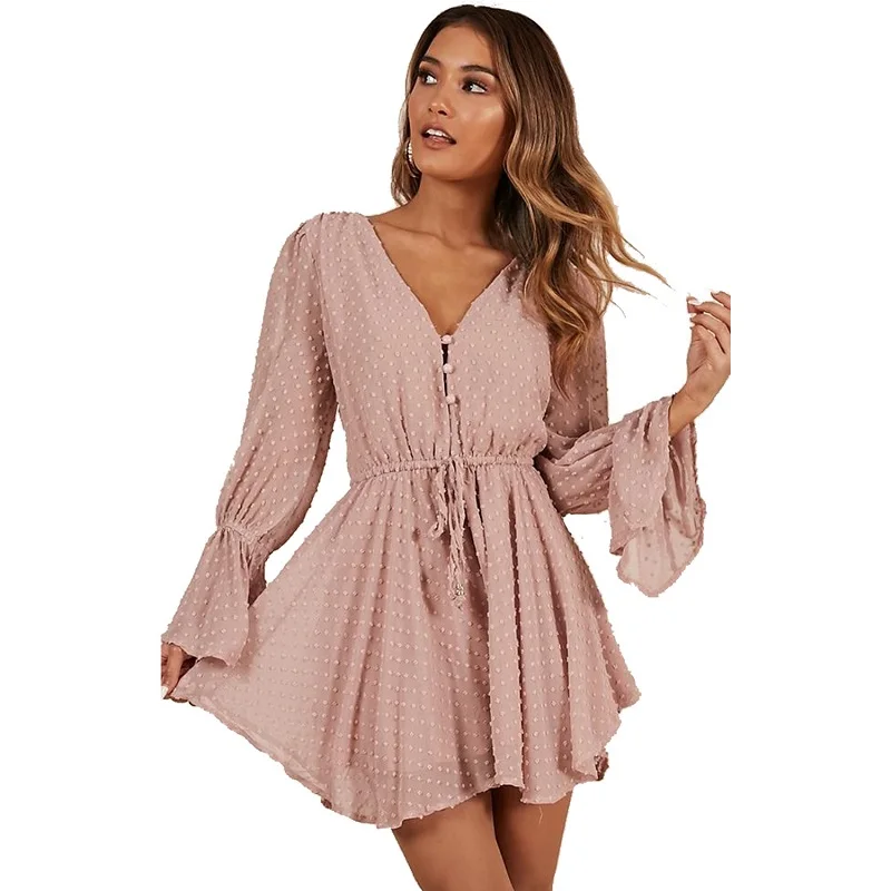White pink chiffon playsuit combinaison femme Women sexy v neck flare long sleeve dot button lace-up romper combishort femme
White pink chiffon playsuit combinaison femme Women sexy v neck flare long sleeve dot button lace-up romper combishort femme