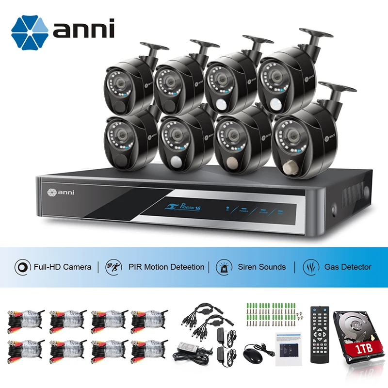 Anni Security Surveillance Kit, 16CH 1080N Digital Video Recorder, 8 x 1080P Cameras with PIR sensor, Gas Detector ,Siren, 1 TB
Anni Security Surveillance Kit, 16CH 1080N Digital Video Recorder, 8 x 1080P Cameras with PIR sensor, Gas Detector ,Siren, 1 TB