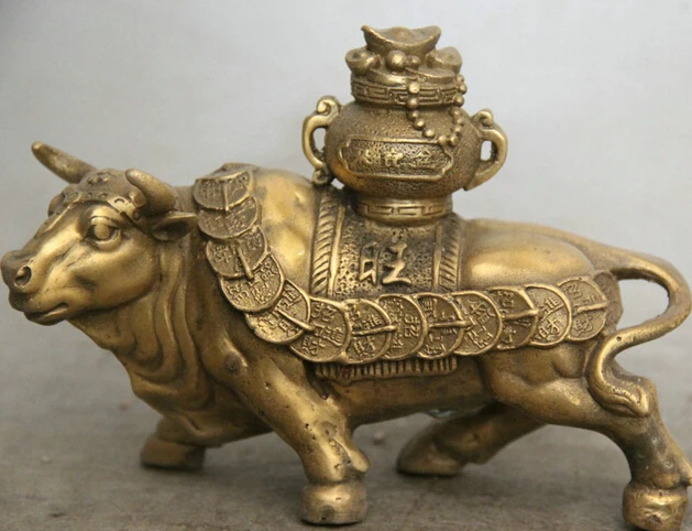 

JP S0524 6" China Brass Wealth Money Zodiac Year Bull Oxen treasure bowl sculpture Statue