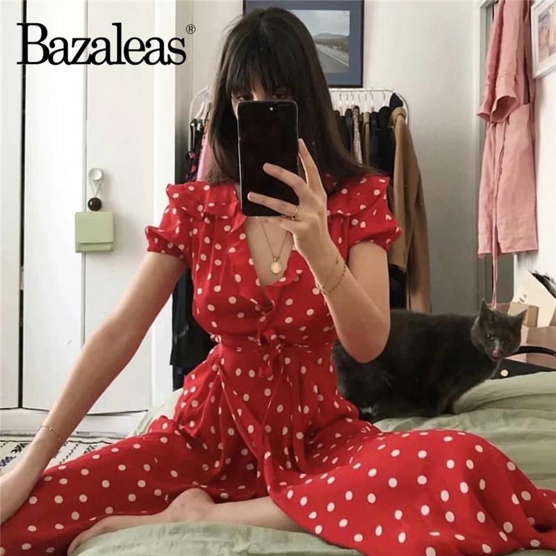 Bazaleas Chic wrap midi dress V Neck Ruffles Red Dots Print women vestidos Vintage elegant summer Dress drop shipping
Bazaleas Chic wrap midi dress V Neck Ruffles Red Dots Print women vestidos Vintage elegant summer Dress drop shipping