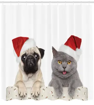 Pug Shower Curtain Christmas Themed Animal Photography with a Cat and Dog Wearing Santa Hats Print Fabric Bathroom Decor
Pug Shower Curtain Christmas Themed Animal Photography with a Cat and Dog Wearing Santa Hats Print Fabric Bathroom Decor