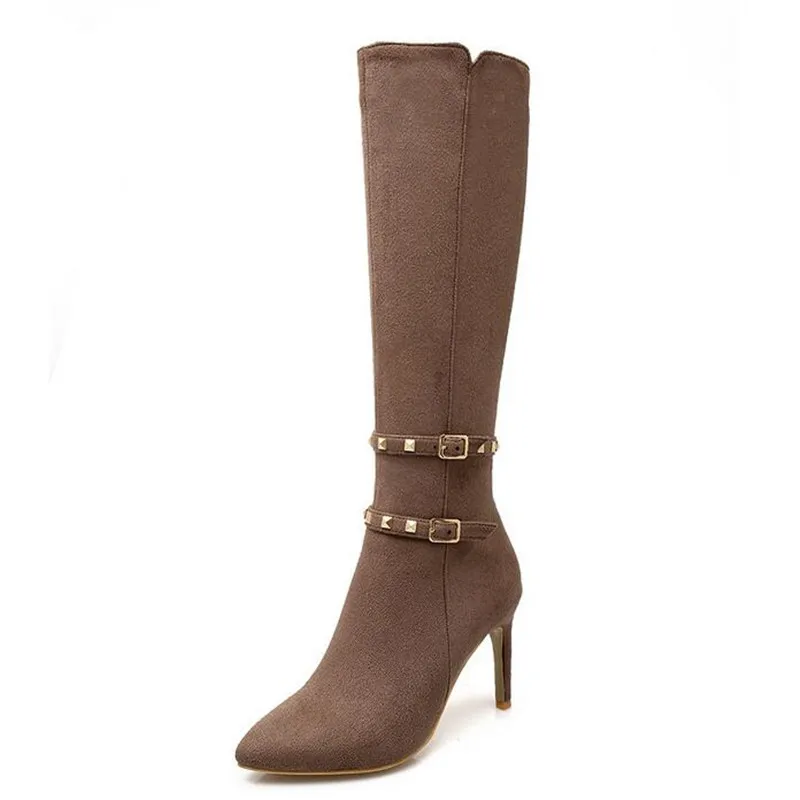 2019 Winter Women Rivet Buckle Knee High Boots 8.5CM High Heel Botas Pointed Toe Gold Spike Bootie Black Brown Green Burgundy
2019 Winter Women Rivet Buckle Knee High Boots 8.5CM High Heel Botas Pointed Toe Gold Spike Bootie Black Brown Green Burgundy