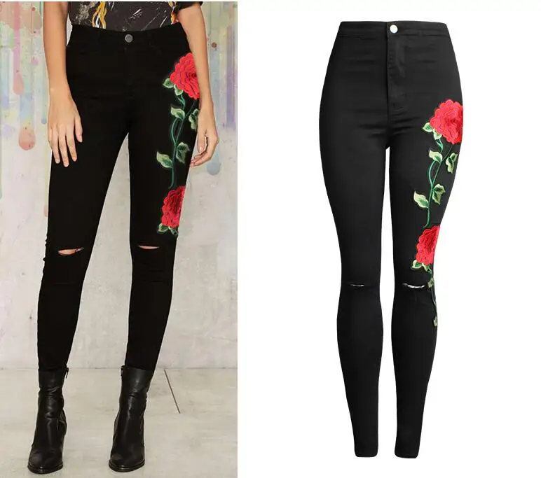 2017 New Fashion Ladies Rose Floral Embroidery Hole Jeans High Waist Skinny Demin Pants Jeans
2017 New Fashion Ladies Rose Floral Embroidery Hole Jeans High Waist Skinny Demin Pants Jeans