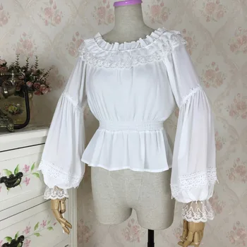 

White Lace O-Neck Ruffled Slash Neck Full Lantern Sleeve Victorian Blouse Gothic Lolita Women Chiffon Shirt Women Sweet Blouses