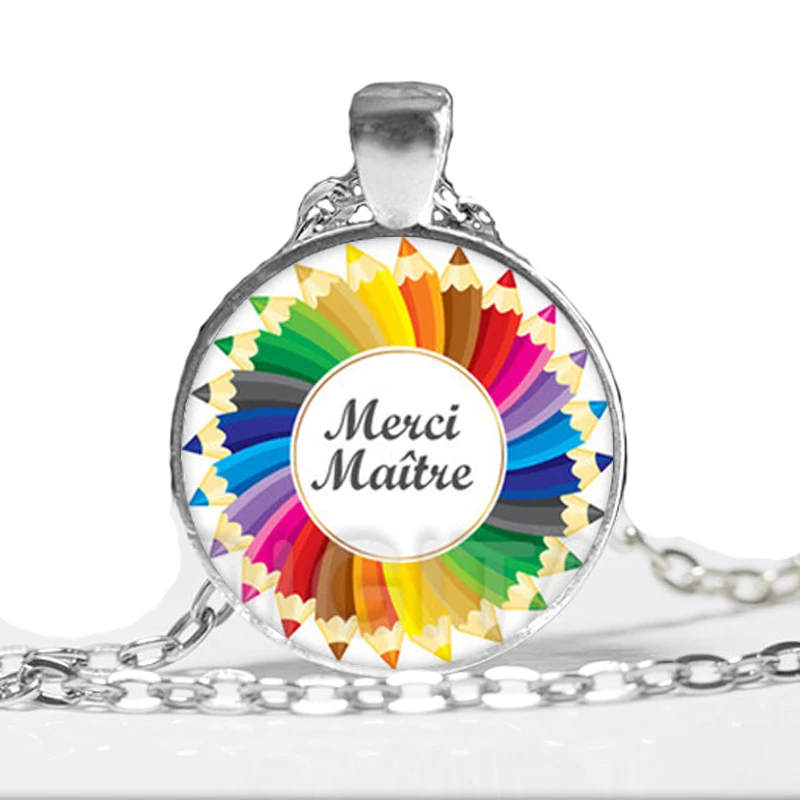 Image HZ MIN  14 Handmade Merci Maitresse Necklace Round Silver art Jewelry Glass Dome Necklace Gifts for Teachers
