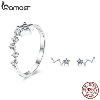 

BAMOER Authentic 925 Sterling Silver Sparkling Star Clear CZ Rings Earrings for Women Jewelry Set Sterling Silver Jewelry Gift