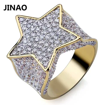 

JINAO Men's Fashion Copper Gold Color Plated Ring Exaggerate High Quality Iced Out Cz Stone Star Shape Ring Jewelry Gift