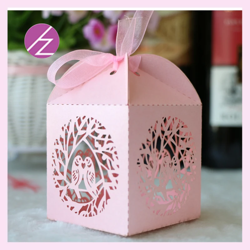 

50pcs laser cut Mini pearl paper love bride cage favor Candy Box Birthday candy box for wedding party guest gift box with ribbon