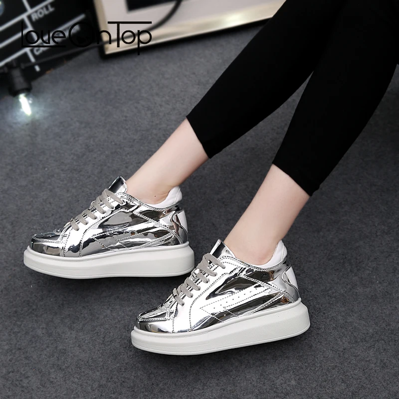Loveontop Women Flats Platform Leather Shoes Woman Casual Comfortable Flat Lace Up Silver Gold sneakers Increase in height Shoes
Loveontop Women Flats Platform Leather Shoes Woman Casual Comfortable Flat Lace Up Silver Gold sneakers Increase in height Shoes