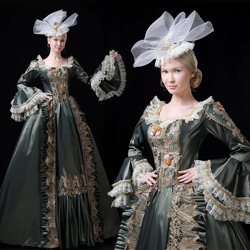 Women European Court Princess Dresses Female Green Lace Flare Long Sleeves Square Collar Flowers Appliquc Halloween Costumes
Women European Court Princess Dresses Female Green Lace Flare Long Sleeves Square Collar Flowers Appliquc Halloween Costumes