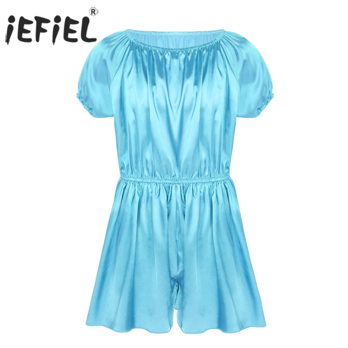 

iEFiEL Mens Sissy Lingerie Bodysuits Elastic Neckline and Waist Shiny Frilly Satin Dress Pants Romantic Nightwear Girly Pajamas