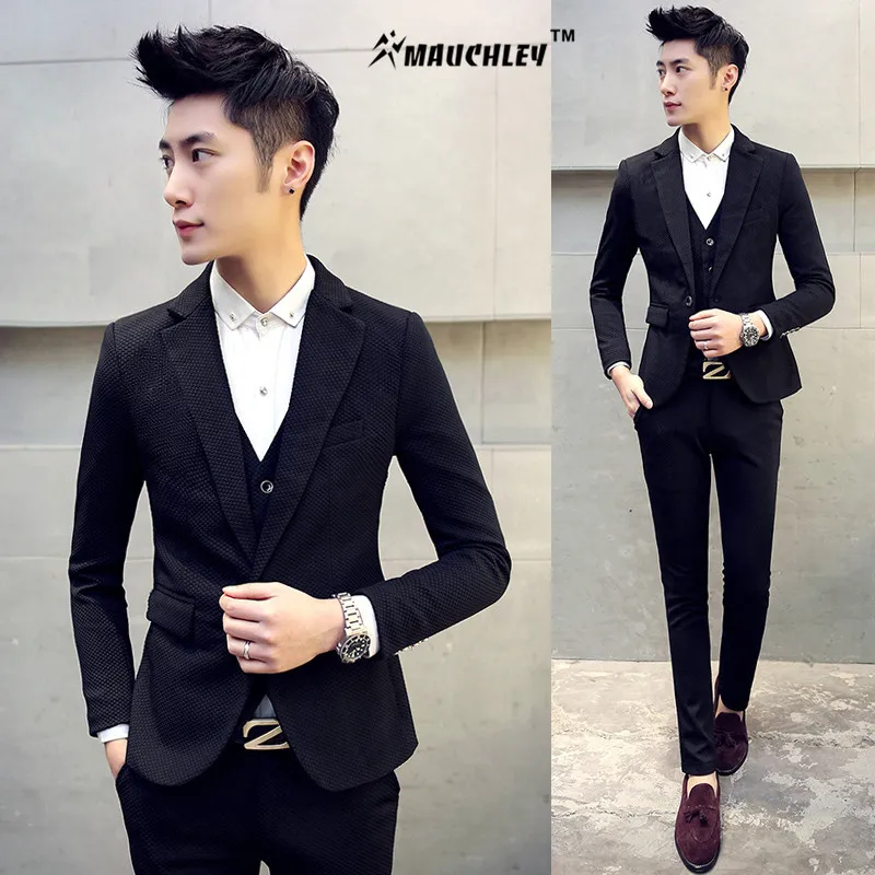 Image 2016 Jackets+Pants+Vest 3Pieces Men Prom Suit Linen Slim Fit Wedding Groom Suit Set for Men Black Terno Costume Homme Tuxedo 5XL