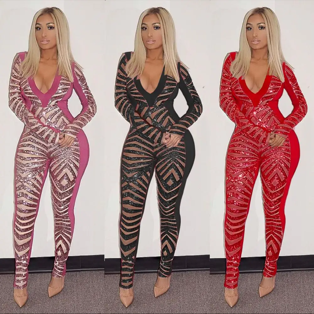 Women's jumpsuit tight bodysuit black sexy lace mesh Shiny sequins rhinestone jumpsuit long sleeve trousers one piece Bodysuit
Women's jumpsuit tight bodysuit black sexy lace mesh Shiny sequins rhinestone jumpsuit long sleeve trousers one piece Bodysuit